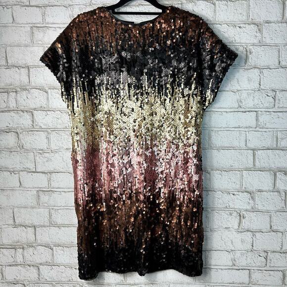 Aidan Mattox Dress Sequin Ombre Mini Shift Short Sleeve Black Pink Gold 0 XS - Picture 2 of 12